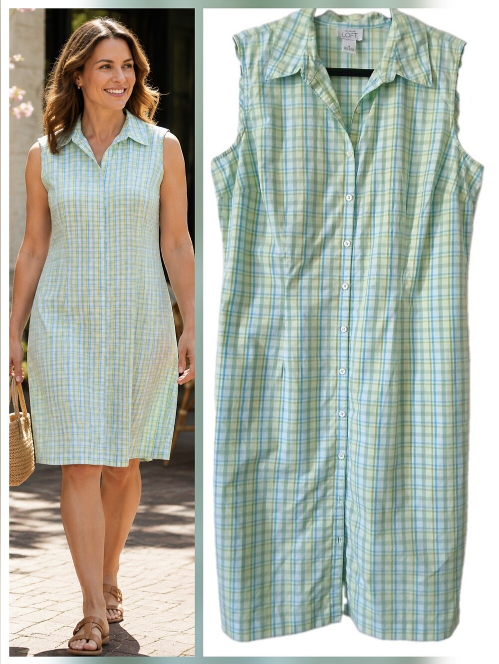 Ann Taylor LOFT Plaid Cotton Button Front SUMMER Shirt Dress Women's Size 14